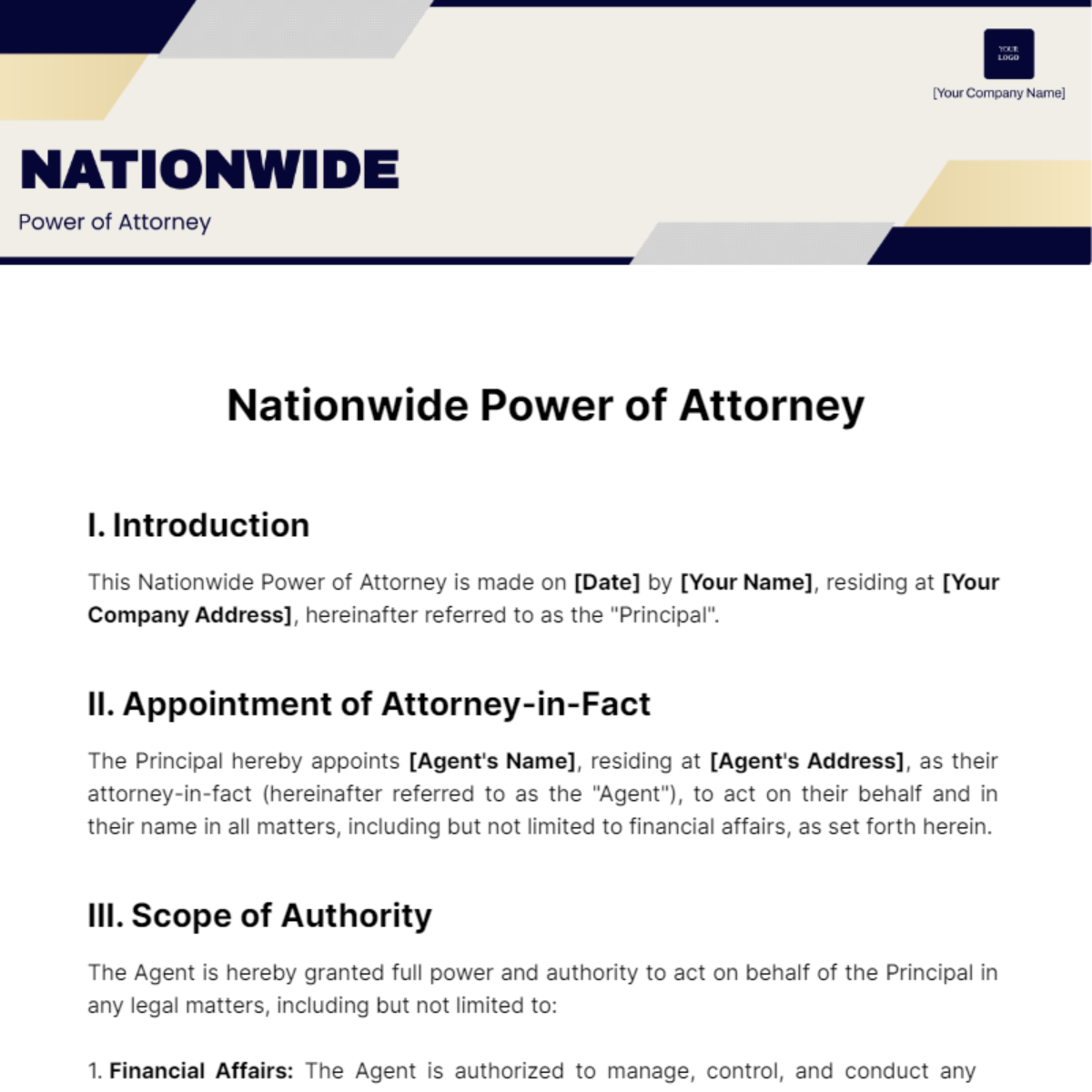 Nationwide Power of Attorney Template