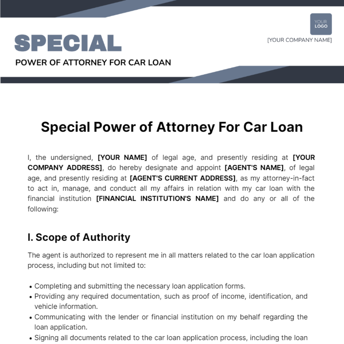 Special Power of Attorney For Car Loan Template