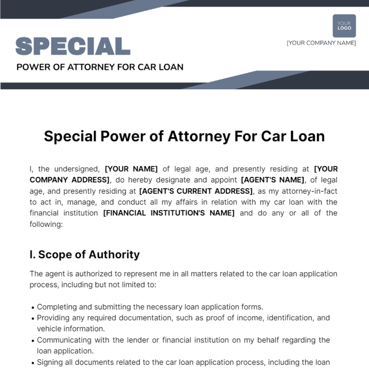 Special Power of Attorney For Car Loan Template - Edit Online & Download