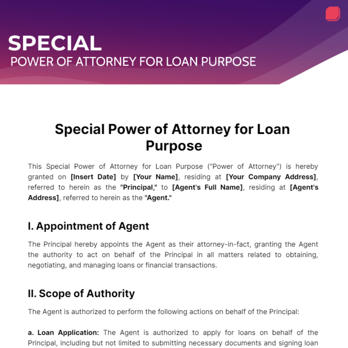 Special Power of Attorney for Loan Purpose Template
