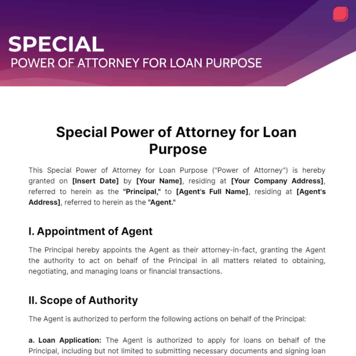 Special Power of Attorney for Loan Purpose Template - Edit Online & Download