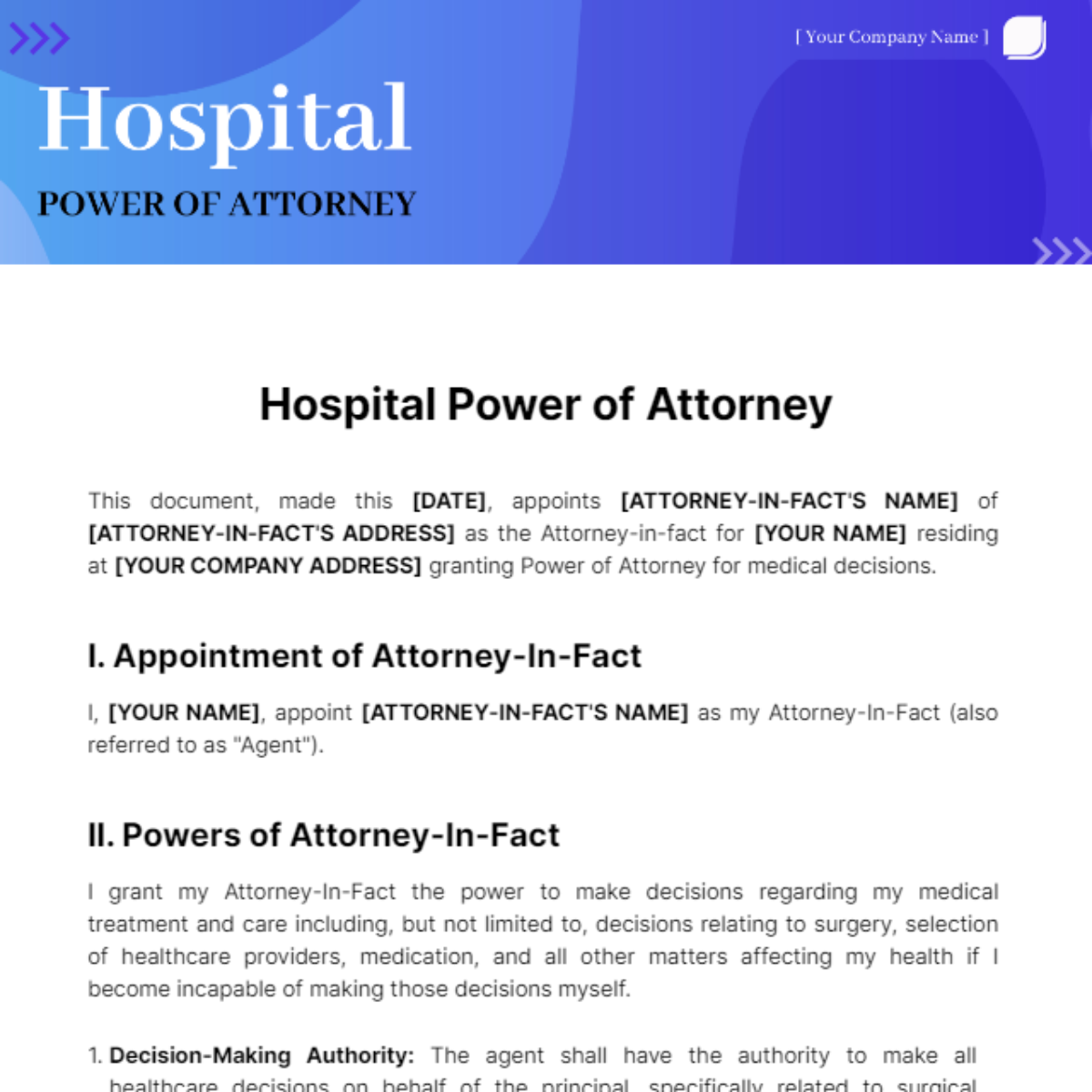 Hospital Power of Attorney Template