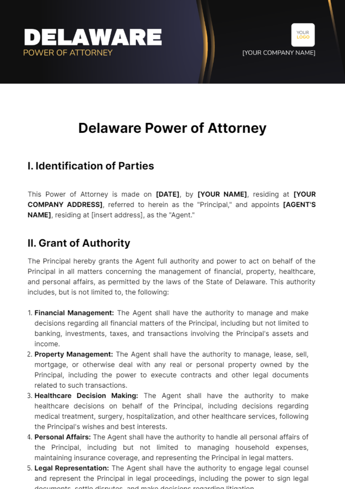 Delaware Power of Attorney Template