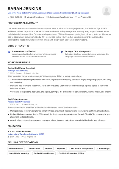 Free Real Estate Personal Assistant ATS Resume Template