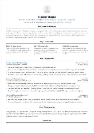 Free Executive Vice President ATS Resume Template, AI Resume Builder