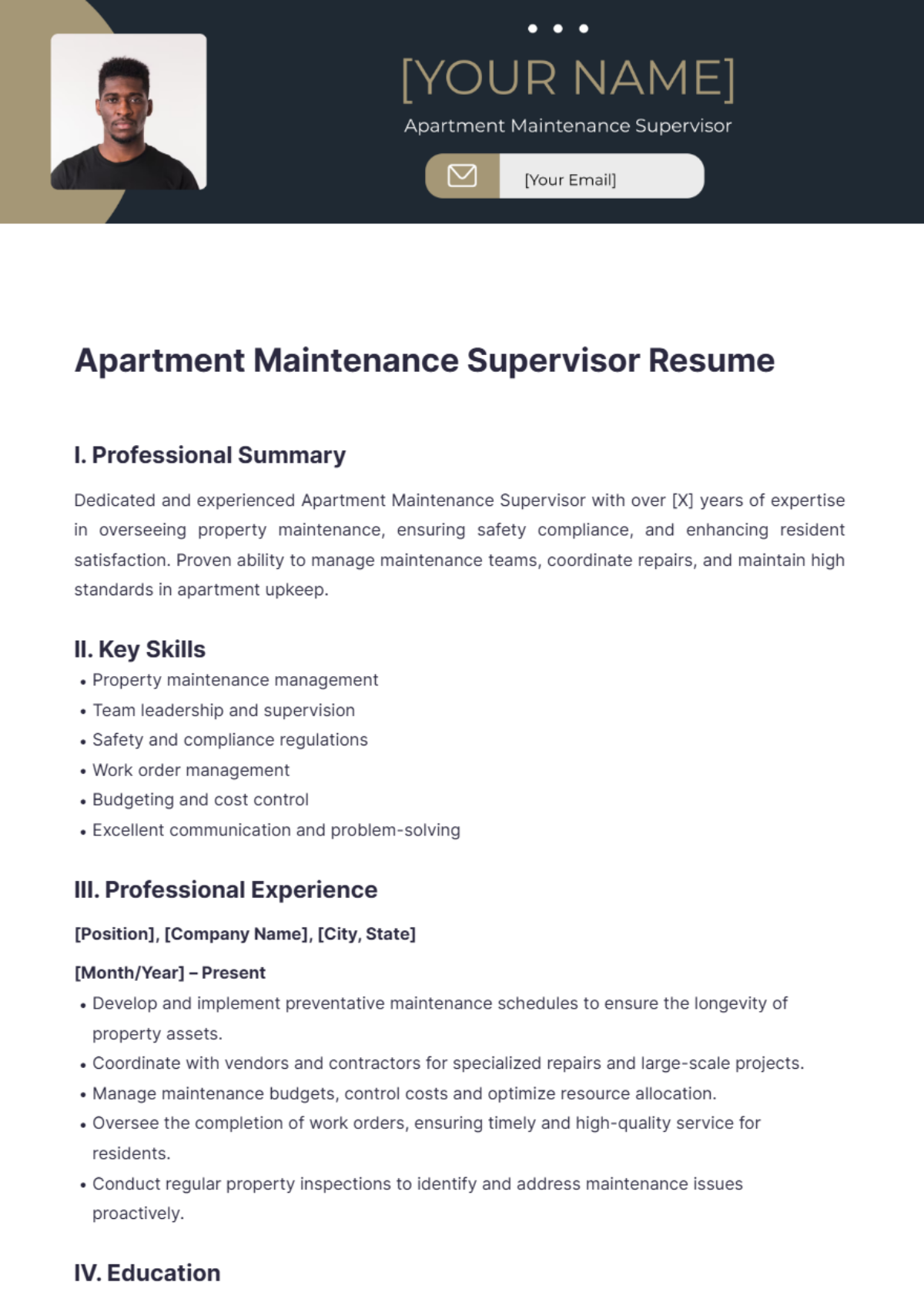 Apartment Maintenance Supervisor Resume - Edit Online & Download