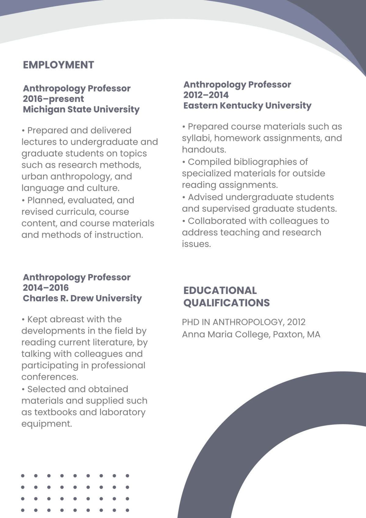 Free Anthropology Professor Resume Template to Edit Online