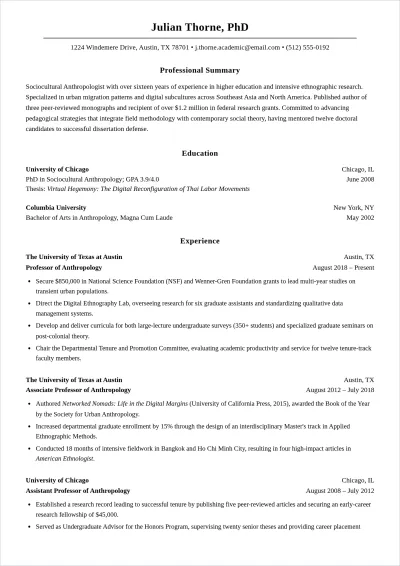 Free Anthropology Professor ATS Resume Template, AI Resume Builder