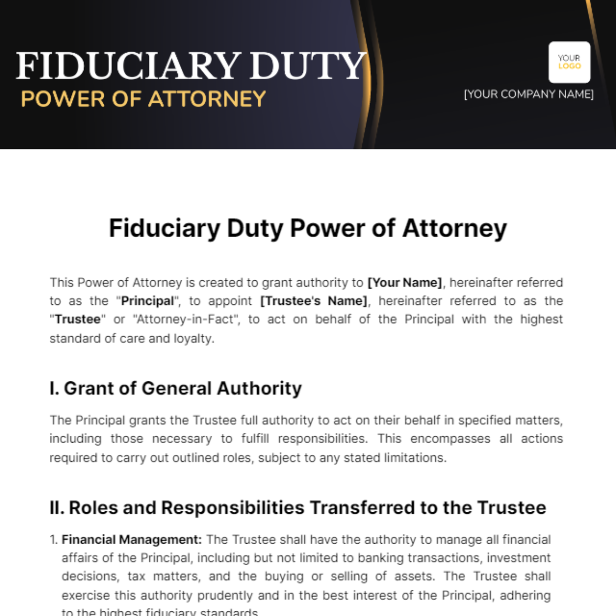 Fiduciary Duty Power of Attorney Template