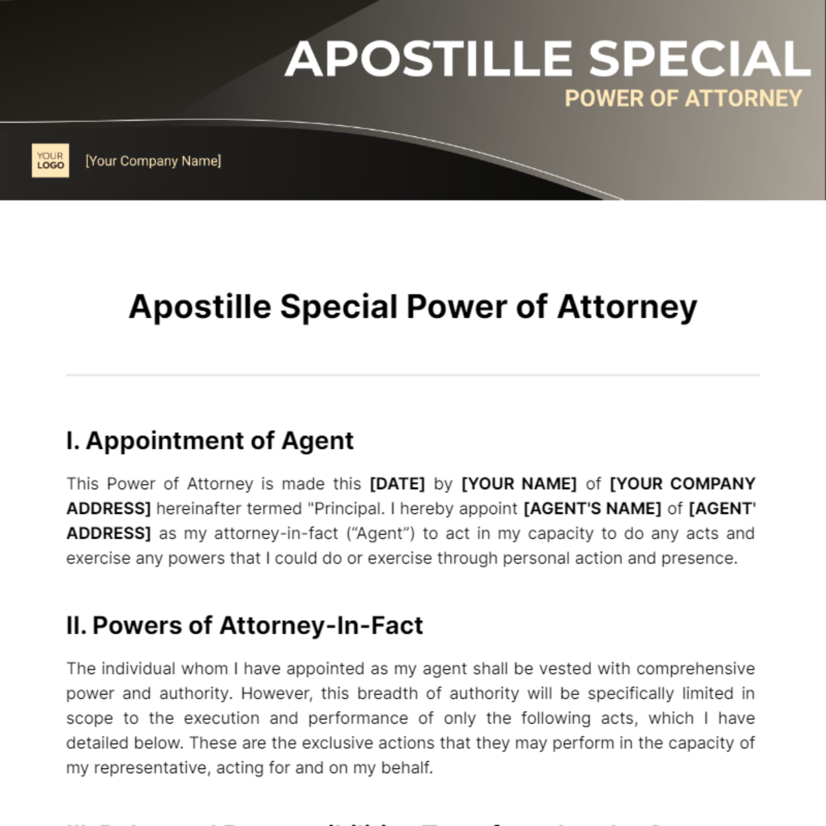 Apostille Special Power of Attorney Template