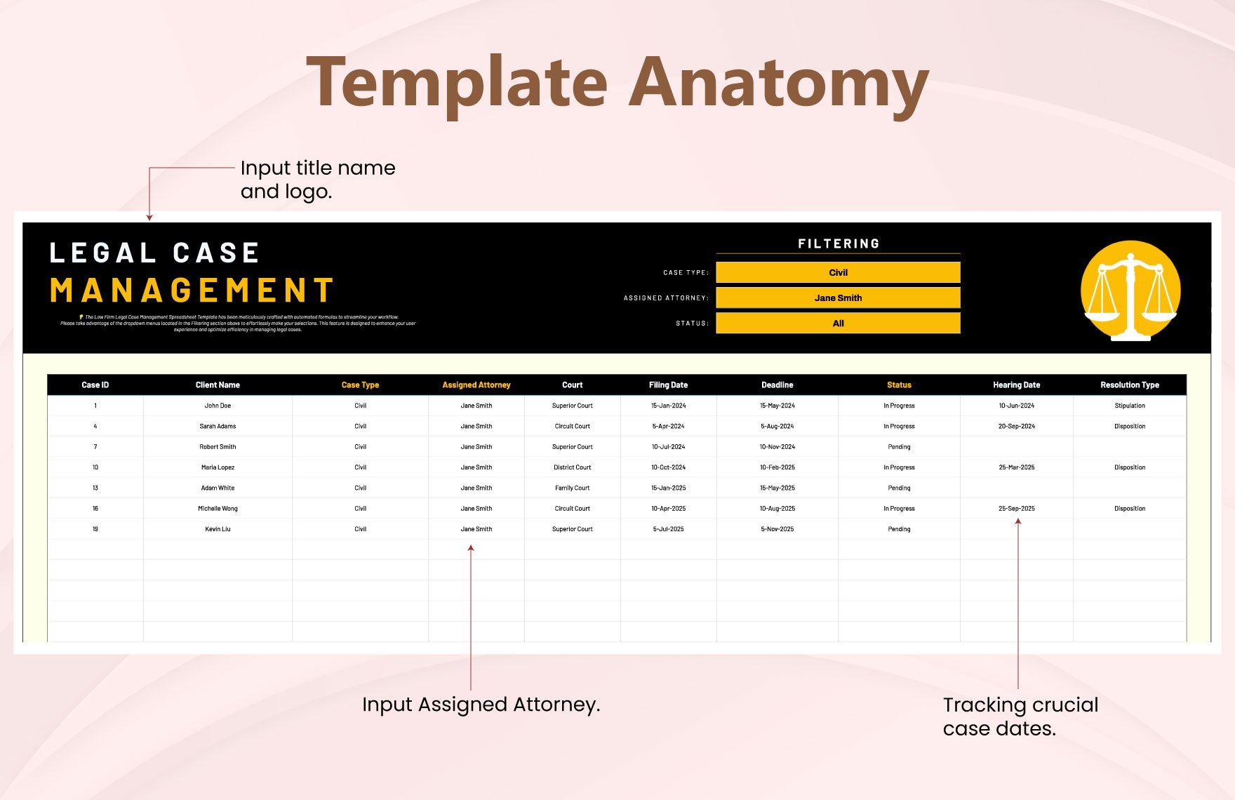 Law Firm Legal Case Management Spreadsheet Template