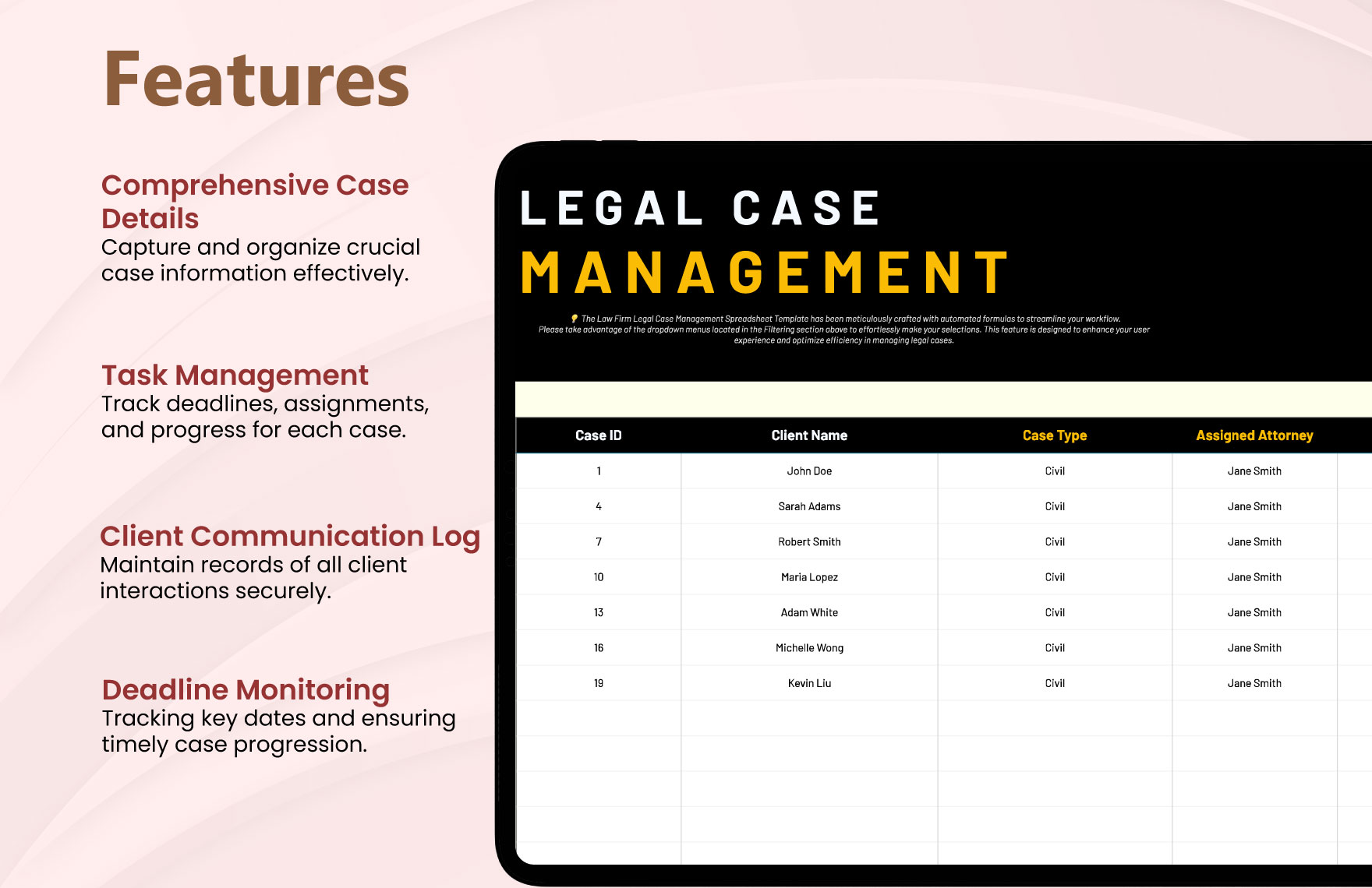 Law Firm Legal Case Management Spreadsheet Template