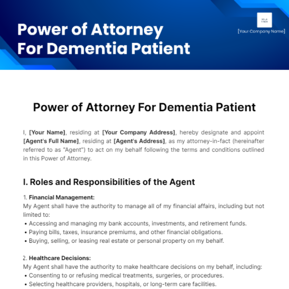 Power of Attorney For Dementia Patient Template