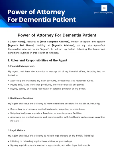 Free Power of Attorney For Dementia Patient Template to Edit Online