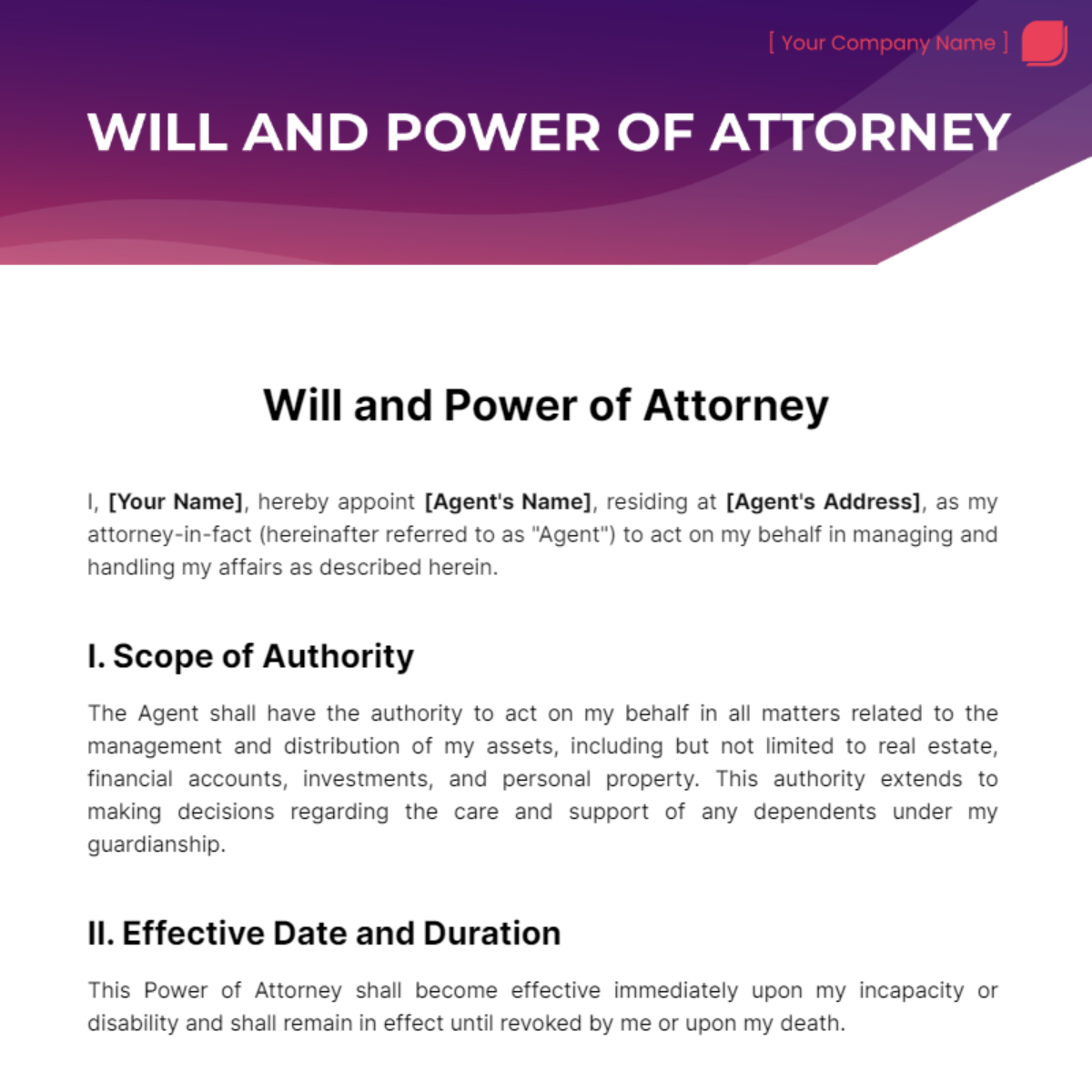Will And Power of Attorney Template