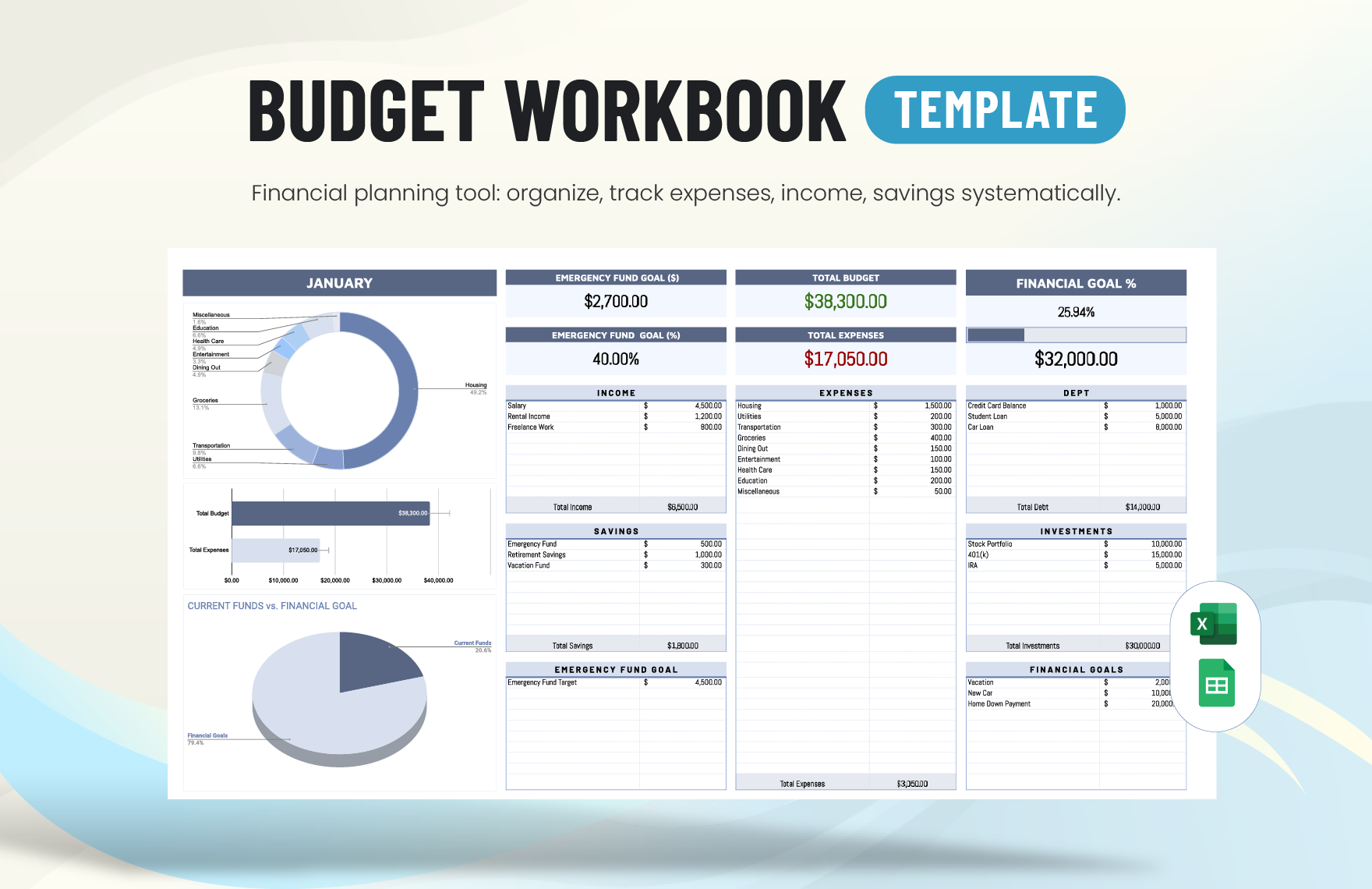 Budget Workbook Template in Excel, Google Sheets