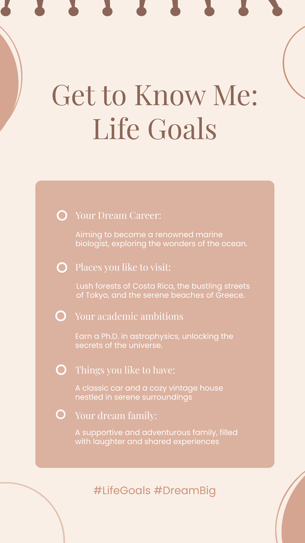 Get to Know Me Life Goals Story Template
