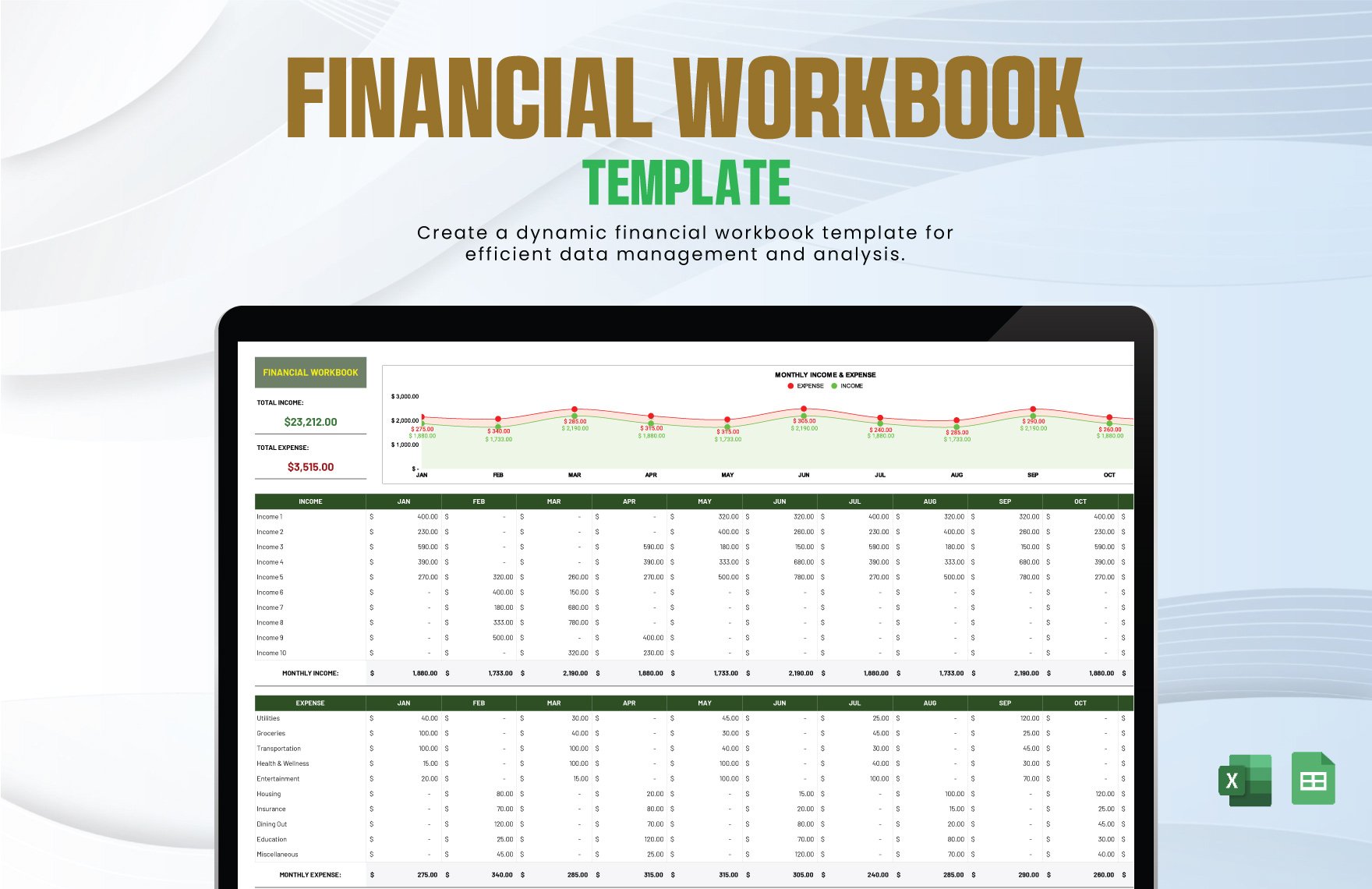 Financial Workbook Template in Excel, Google Sheets