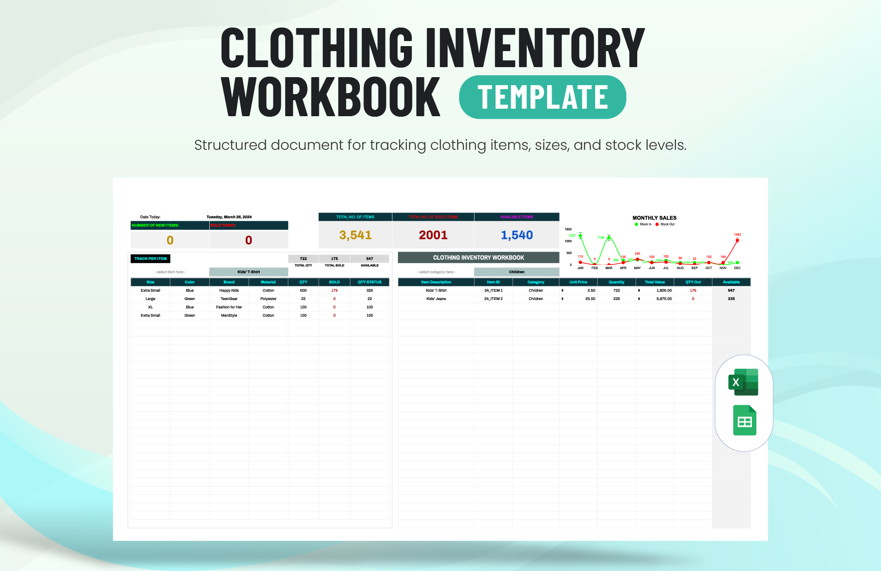 Clothing Inventory Workbook Template in Excel, Google Sheets