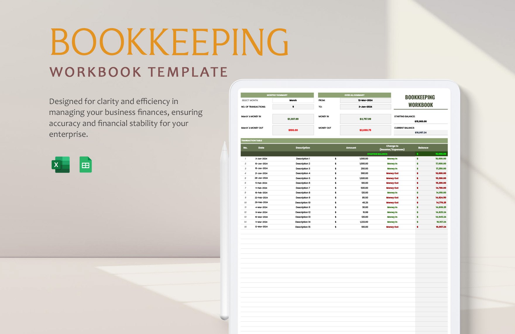 Bookkeeping Workbook Template in Excel, Google Sheets
