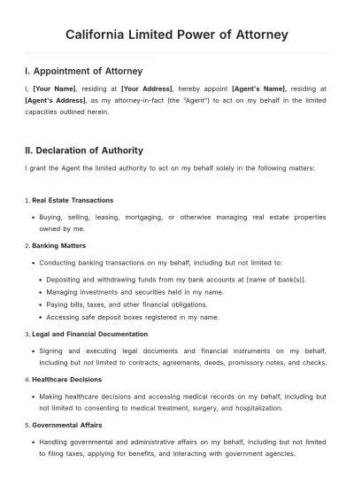 Free California Limited Power of Attorney Template to Edit Online
