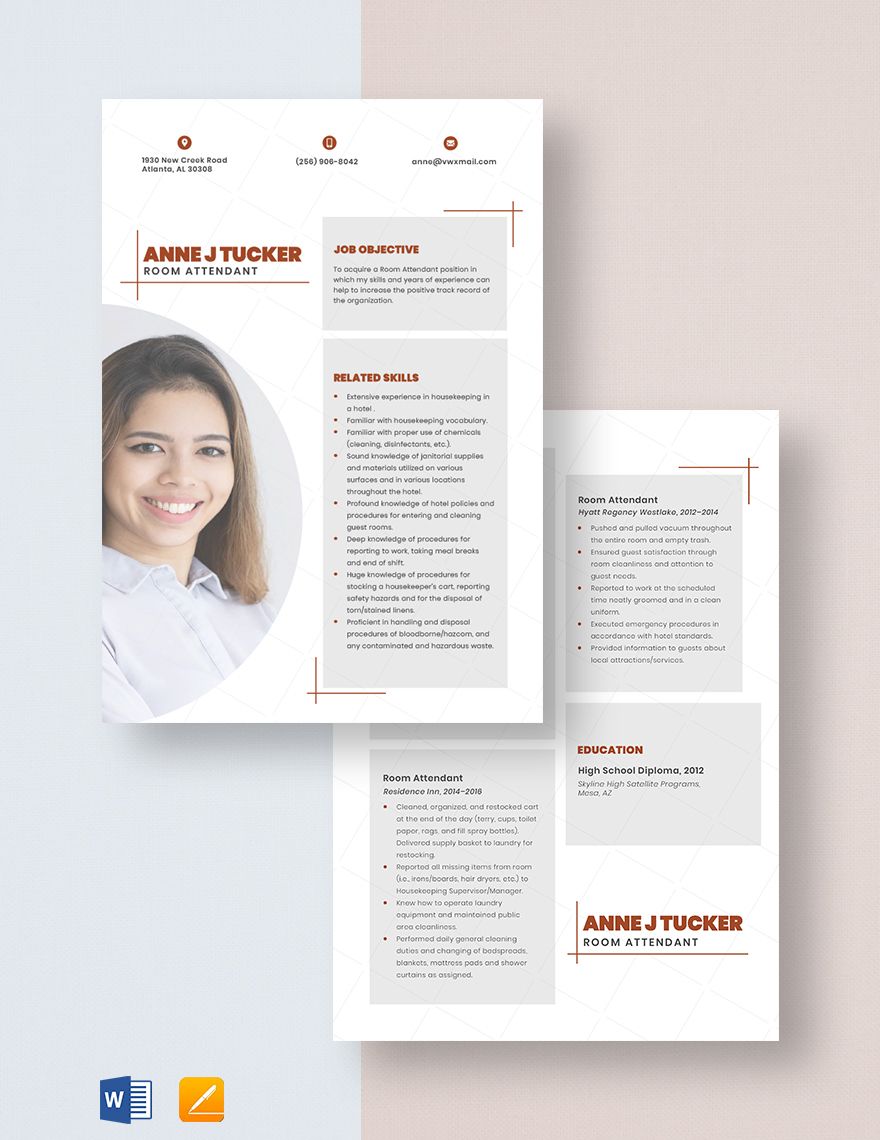 Free Free Room Attendant Resume Template - Word, Apple Pages | Template.net