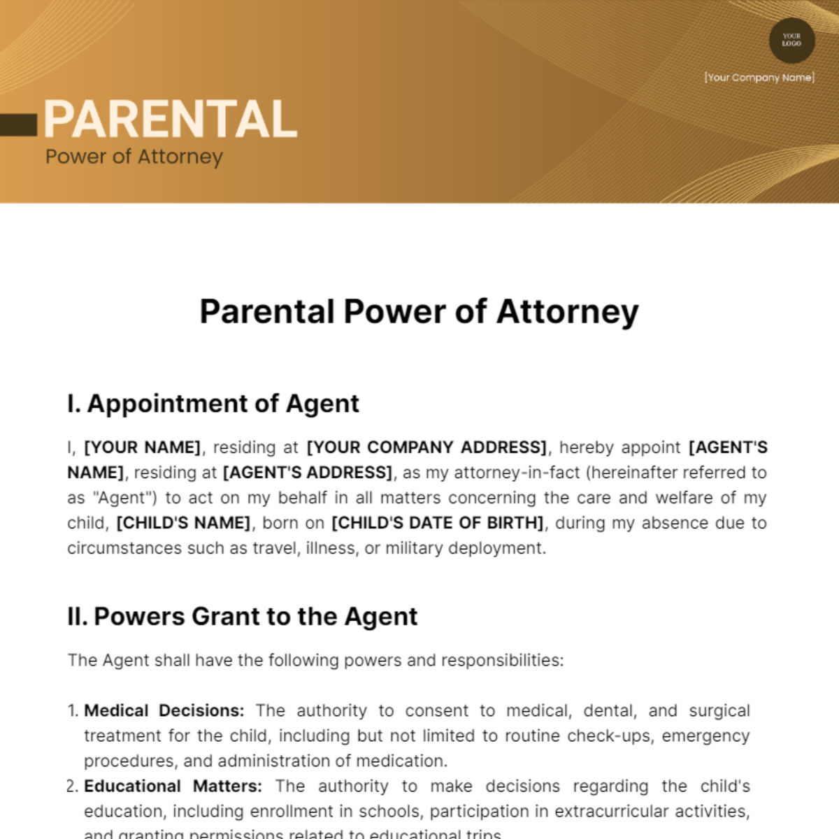 Parental Power of Attorney Template