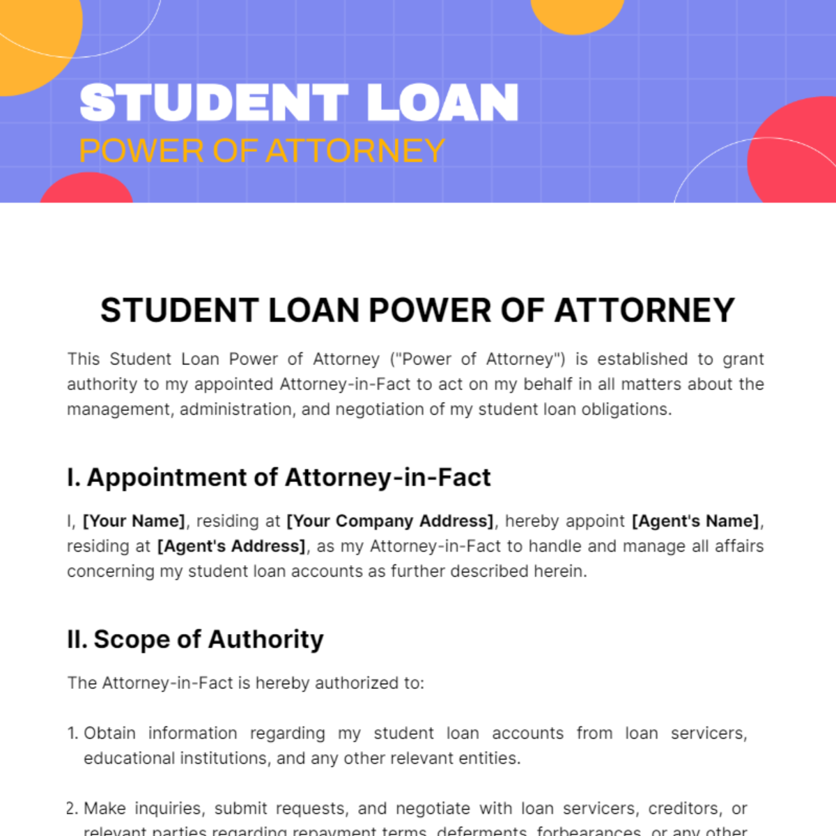 Student Loan Power of Attorney Template
