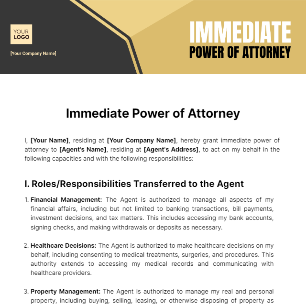 Free Immediate Power of Attorney Template 