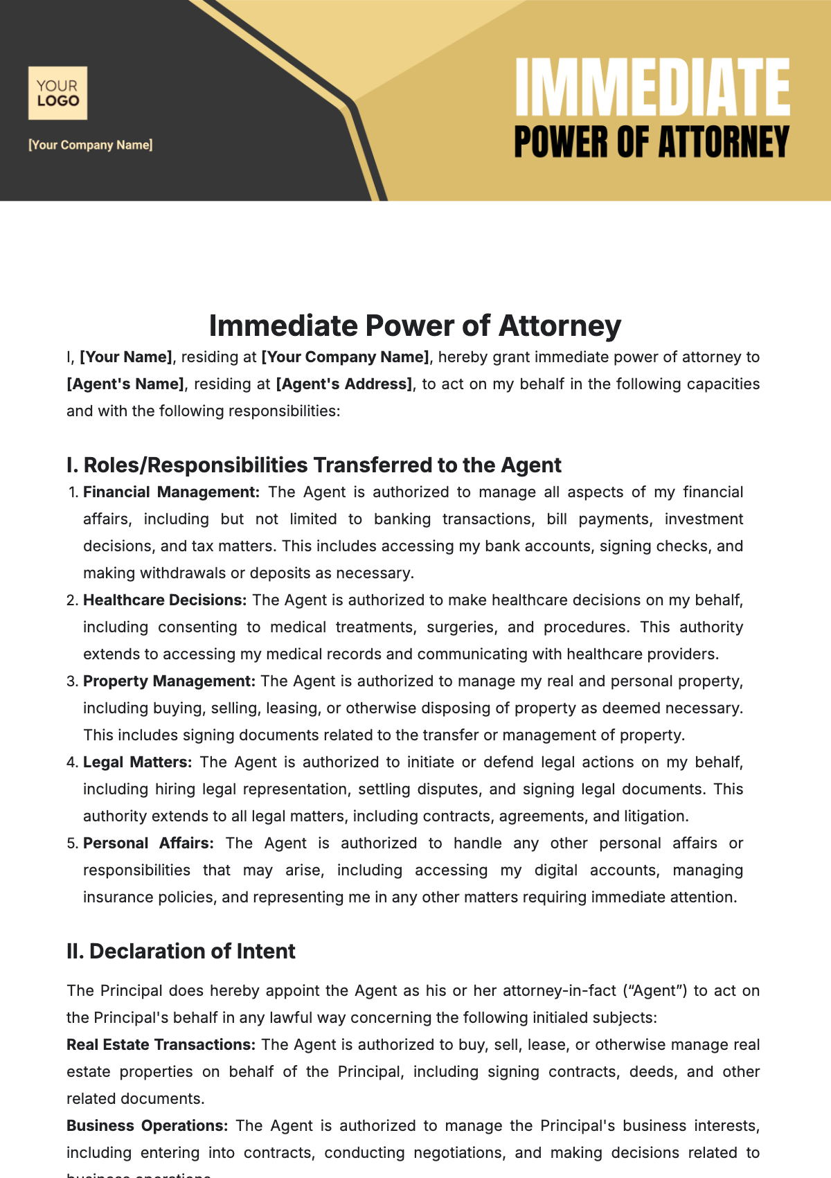 Immediate Power of Attorney Template - Edit Online & Download