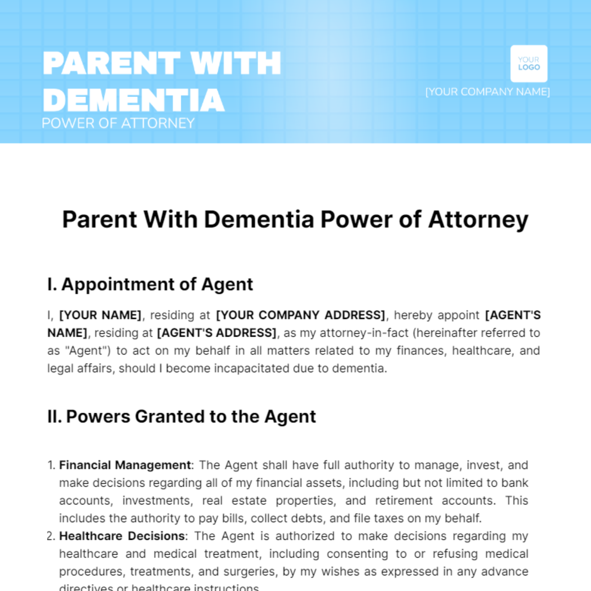 Parent With Dementia Power of Attorney Template