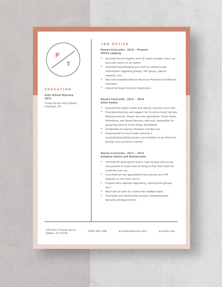 Rooms Controller Resume Template