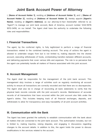 Free Joint Bank Account Power of Attorney Template to Edit Online