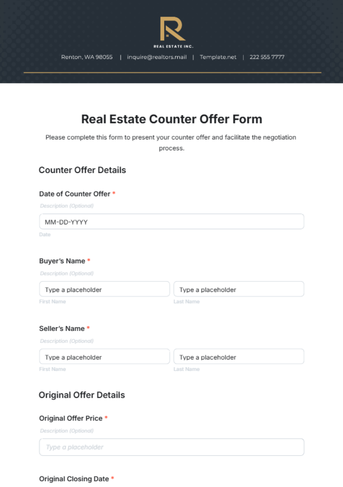 Real Estate Counter Offer Form Template - Edit Online & Download