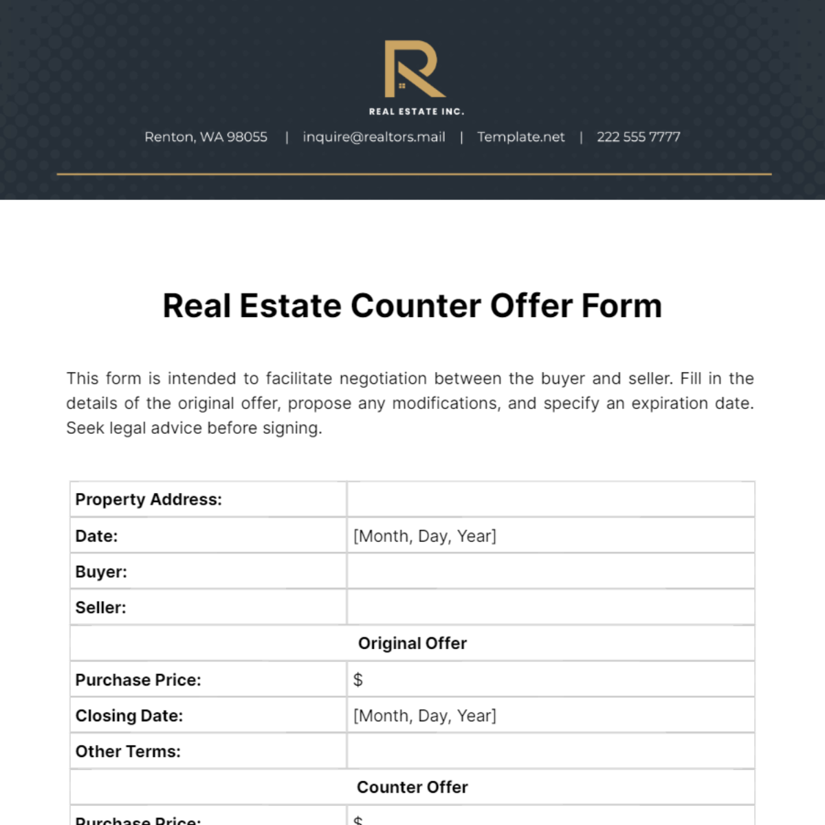 Real Estate Counter Offer Form Template
