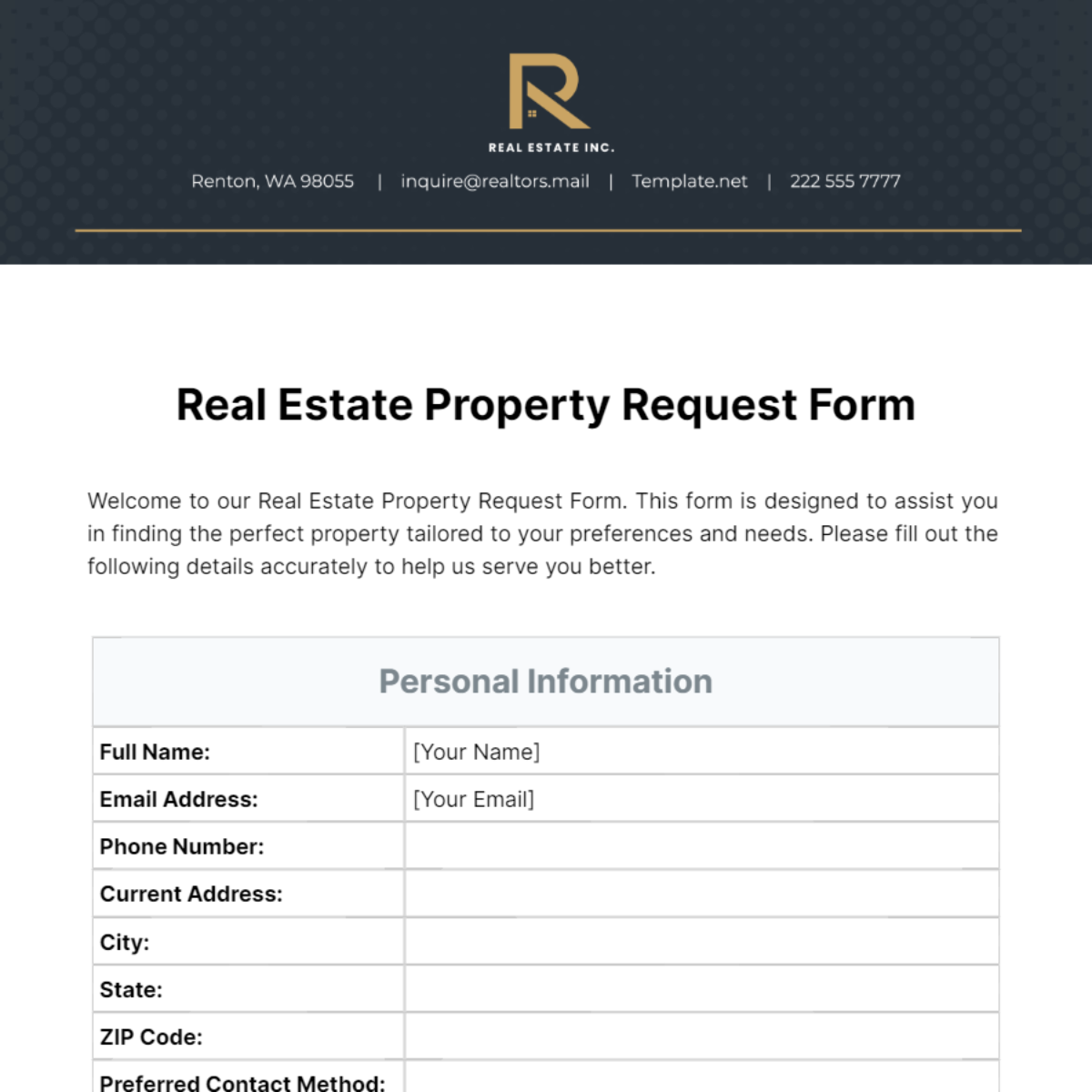 Free Real Estate Property Request Form Template
