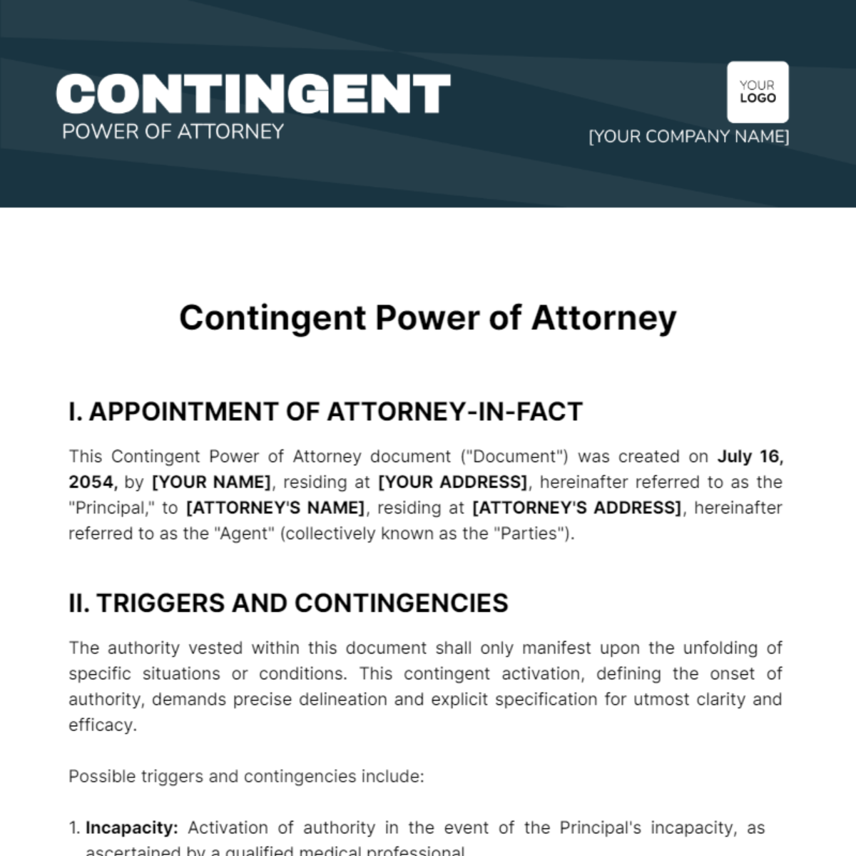Contingent Power of Attorney Template