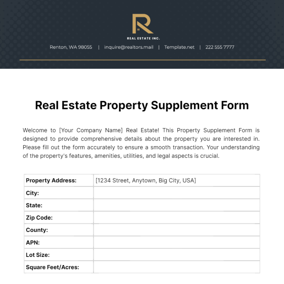 Free Real Estate Property Supplement Form Template