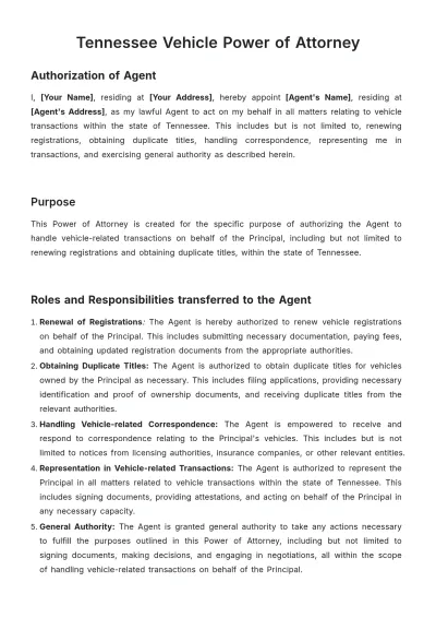 Free Tennessee Vehicle Power of Attorney Template to Edit Online