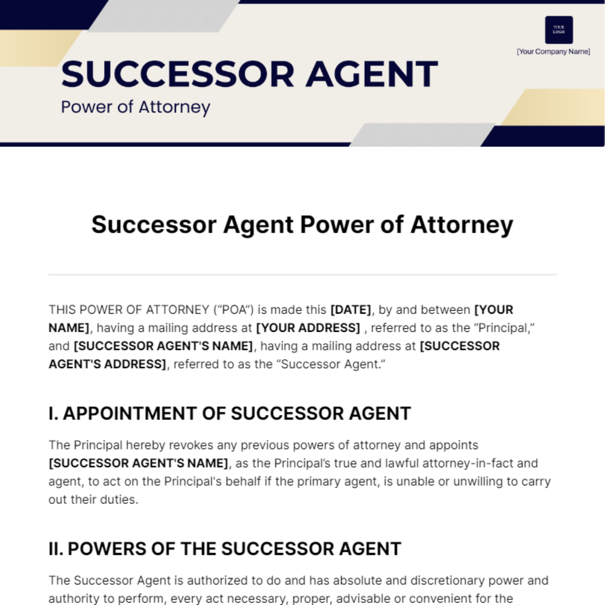 Successor Agent Power of Attorney Template