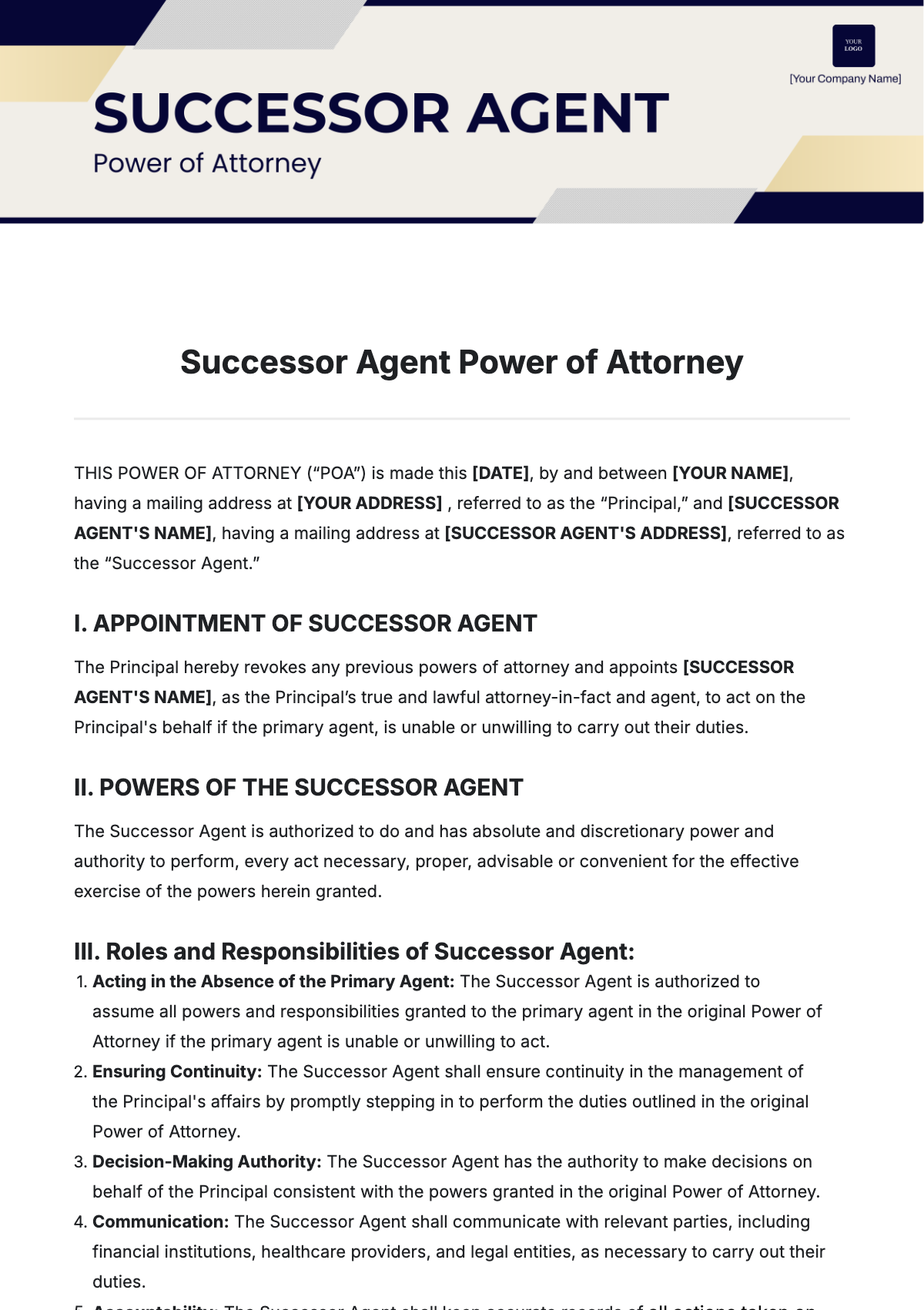 Successor Agent Power of Attorney Template - Edit Online & Download