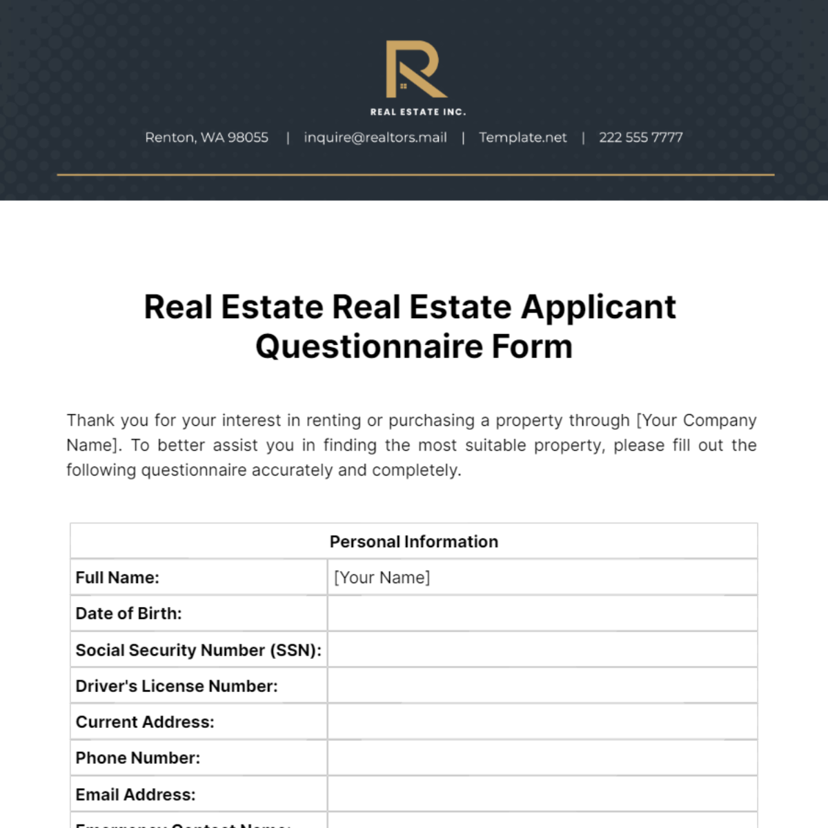 Real Estate Real Estate Applicant Questionnaire Form Template