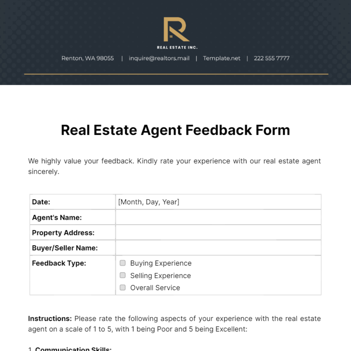 Free Real Estate Real Estate Agent Feedback Form Template
