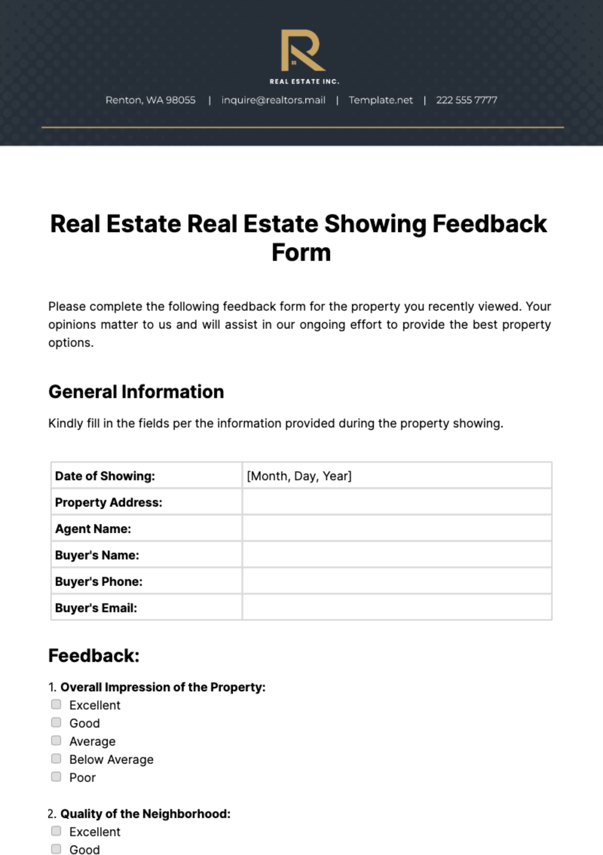 Free Real Estate Real Estate Showing Feedback Form Template