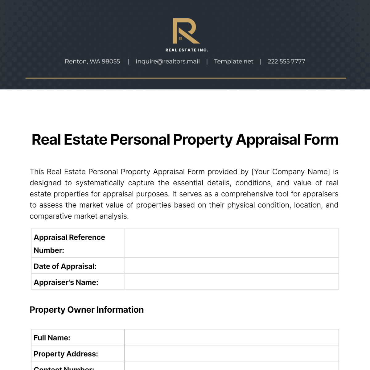 Real Estate Personal Property Appraisal Form Template