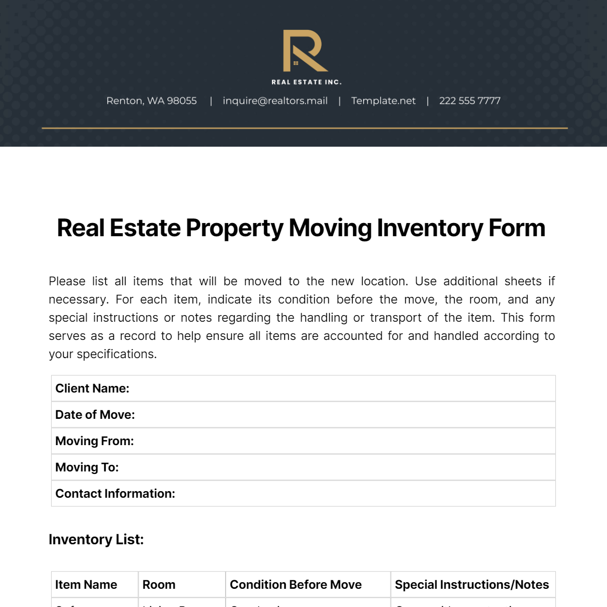 Real Estate Property Moving Inventory Form Template