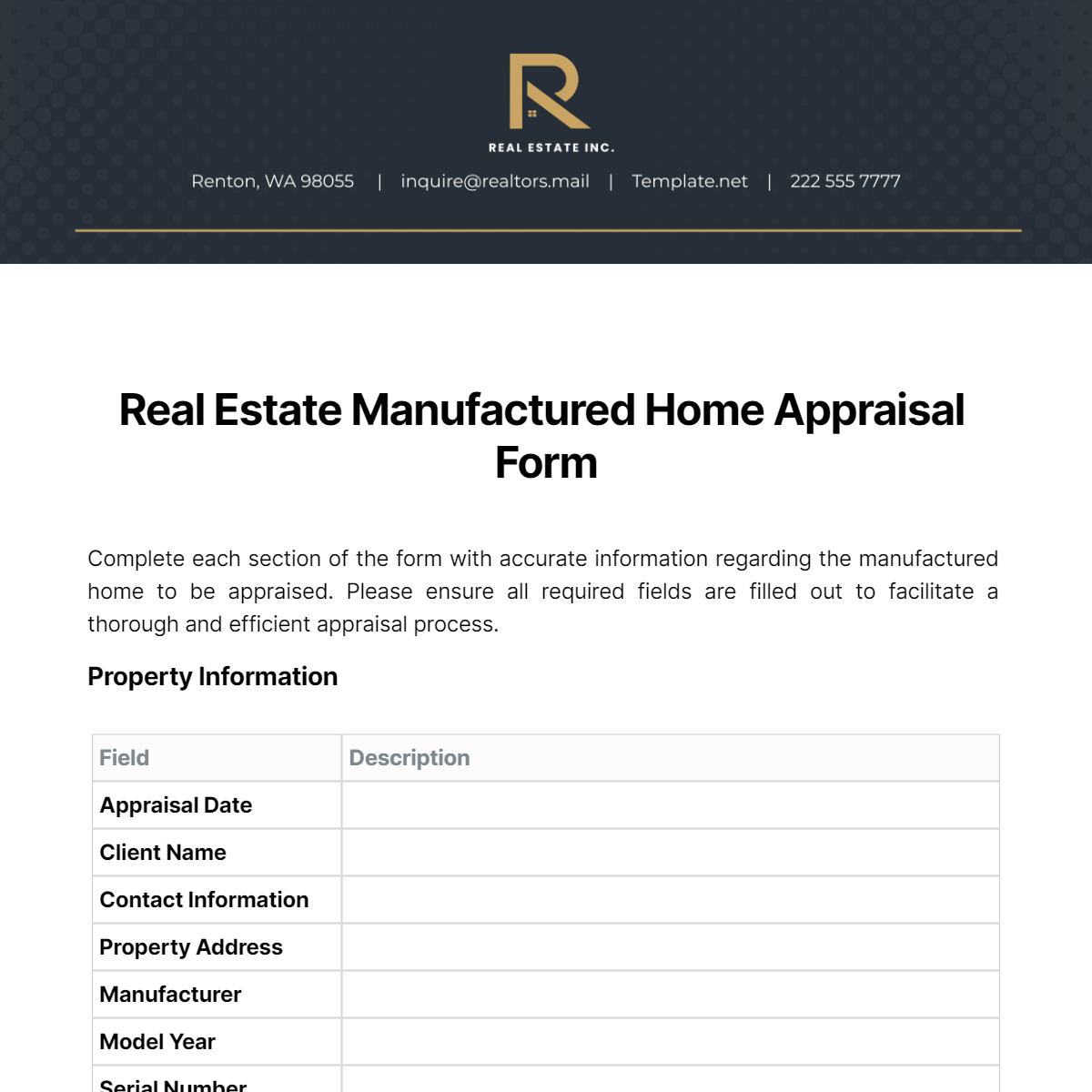 Real Estate Manufactured Home Appraisal Form Template