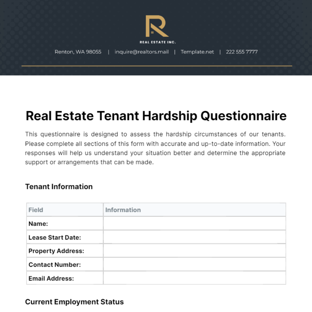 Real Estate Tenant Hardship Questionnaire Template