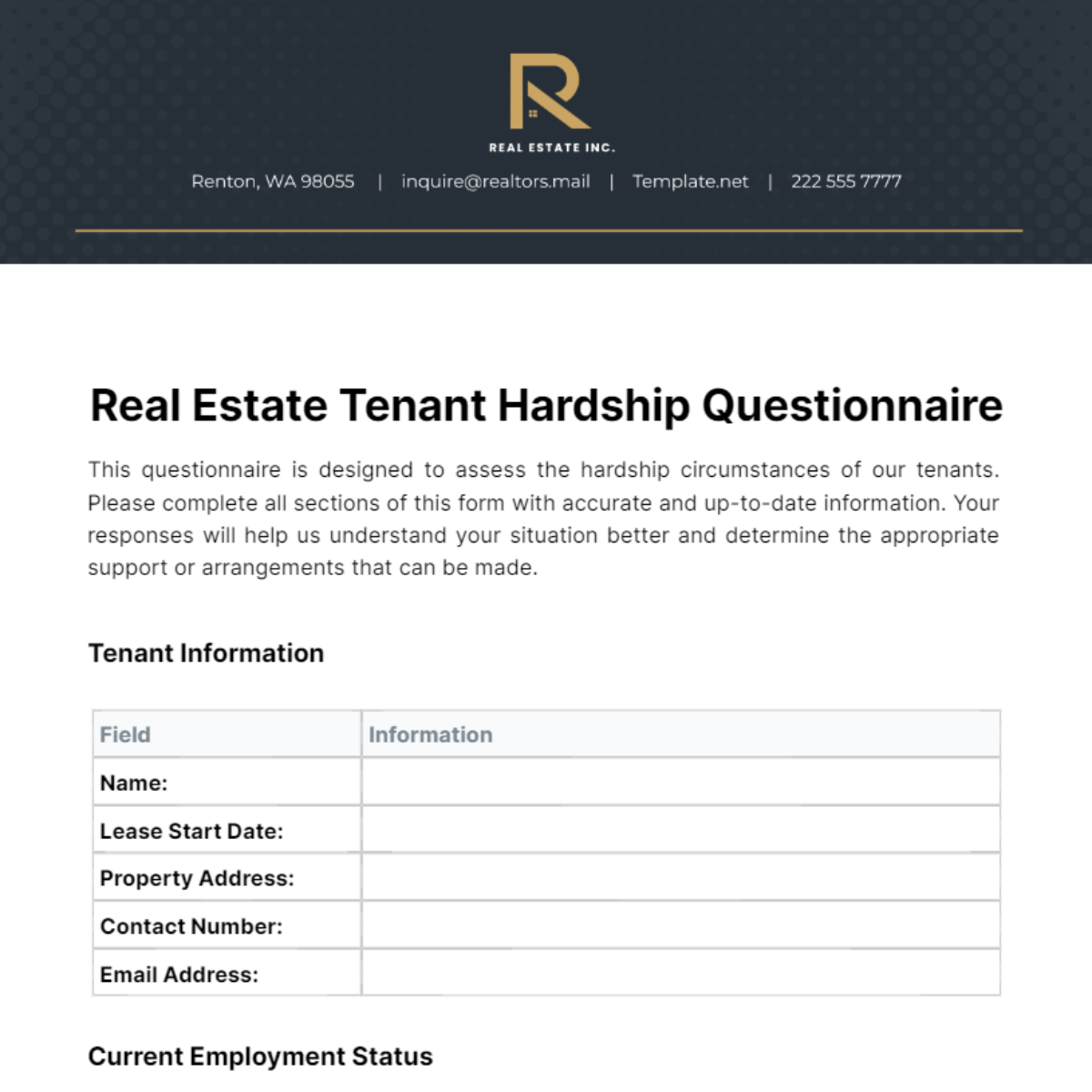 Real Estate Tenant Hardship Questionnaire Template - Edit Online & Download