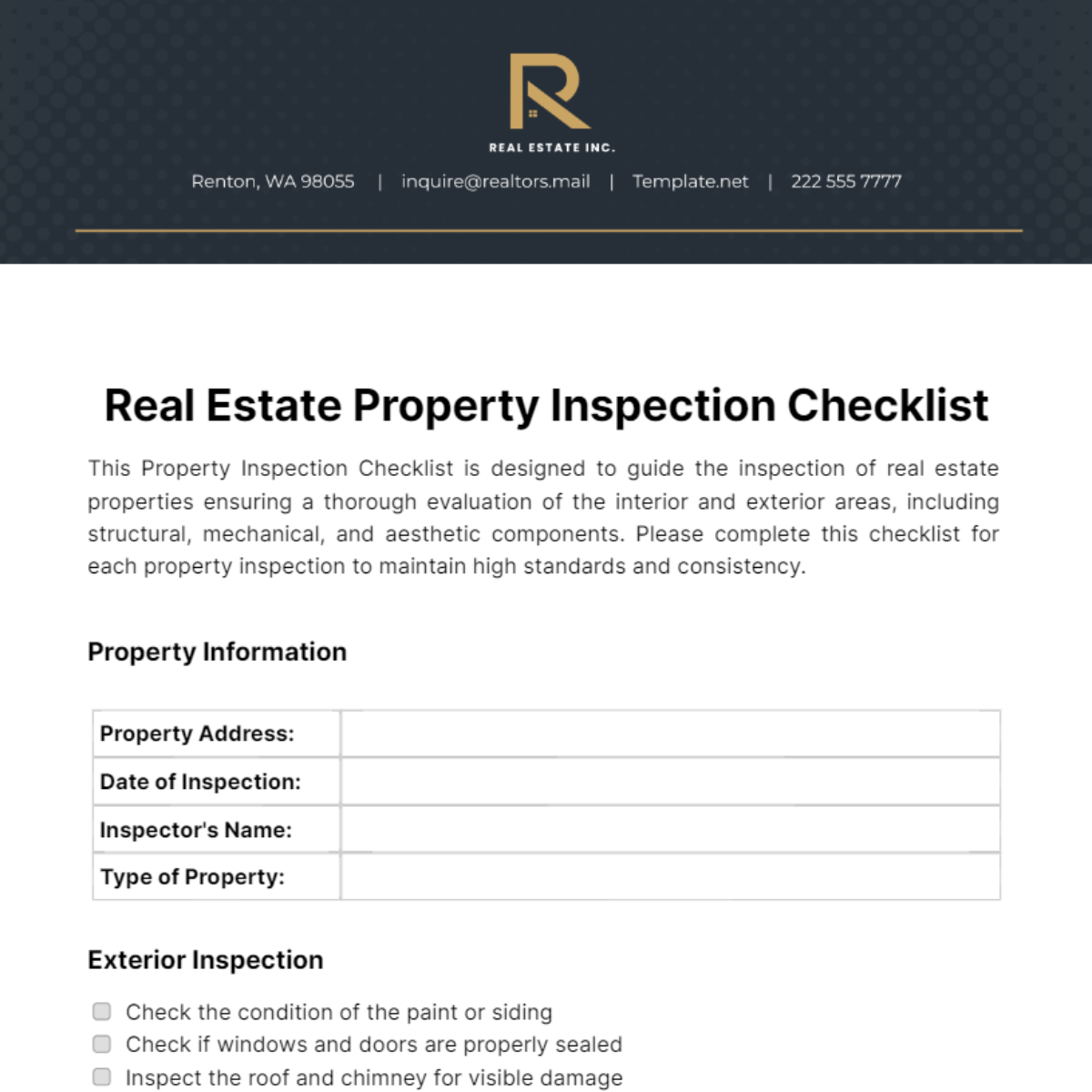 Real Estate Property Inspection Checklist Template